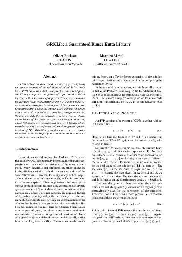 (PDF) GRKLib a Guaranteed Runge Kutta Library olivier bouissou