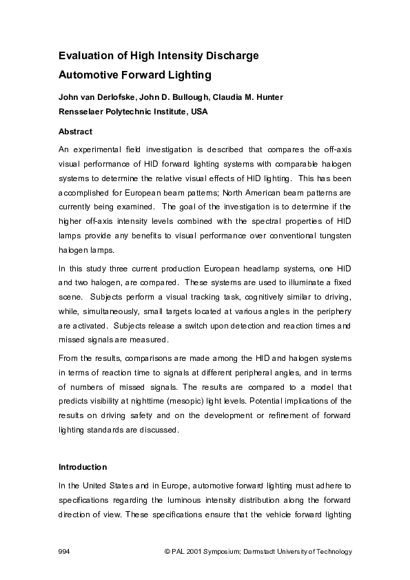 (PDF) Evaluation of highintensity discharge automotive forward
