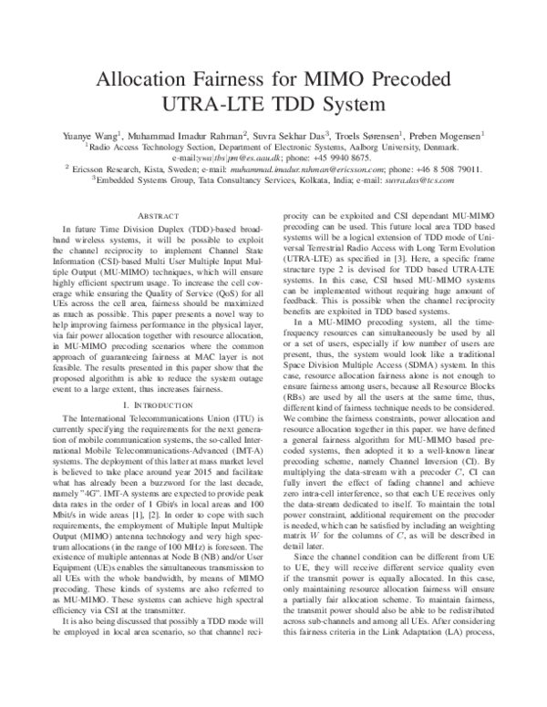 (PDF) Allocation Fairness for MIMO Precoded UTRA-LTE TDD System
