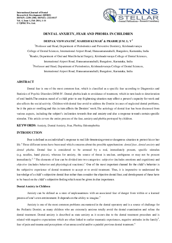 (PDF) Dental Anxiety, Fear and Phobia in Children TJPRC Publication