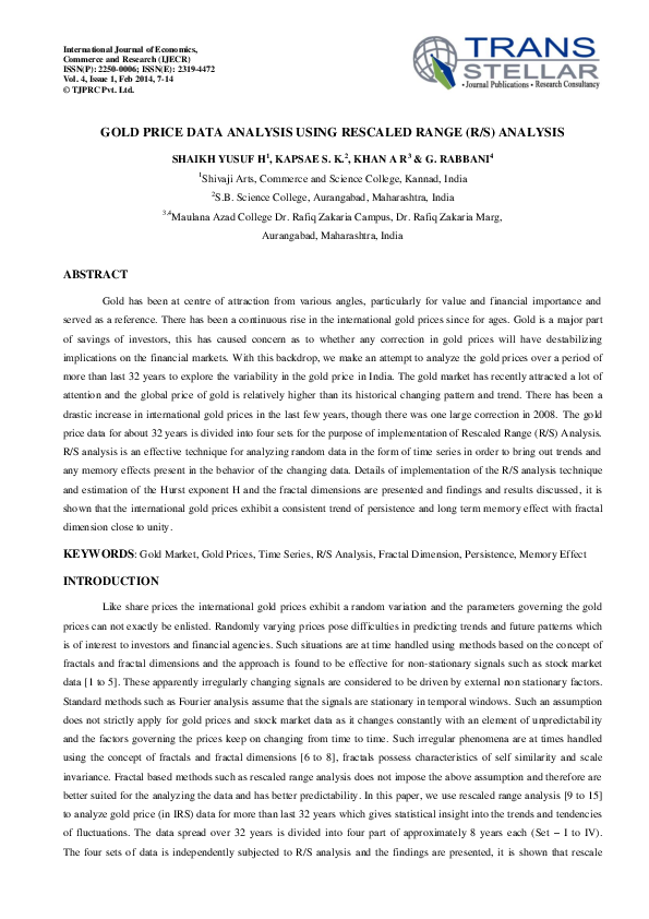 (PDF) Gold Price Data Analysis Using Rescaled Range (R/S) Analysis