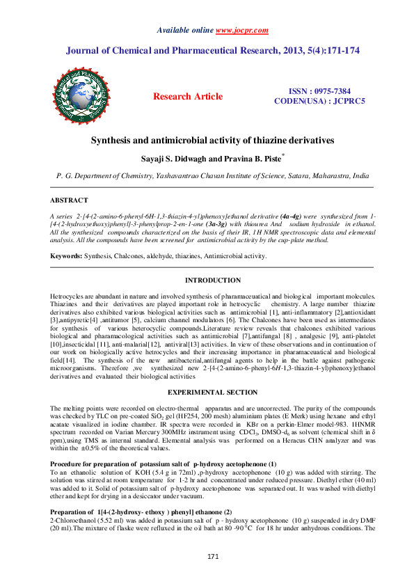 (PDF) Synthesis and antimicrobial activity of thiazine derivatives