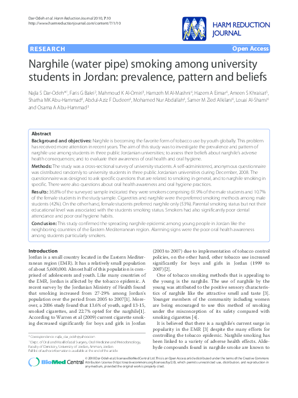 (PDF) Narghile (water pipe) smoking among university students in Jordan ...