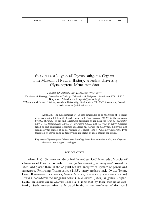(PDF) GRAVENHORST's types of Cryptus subgenus Cryptus in the Museum of ...