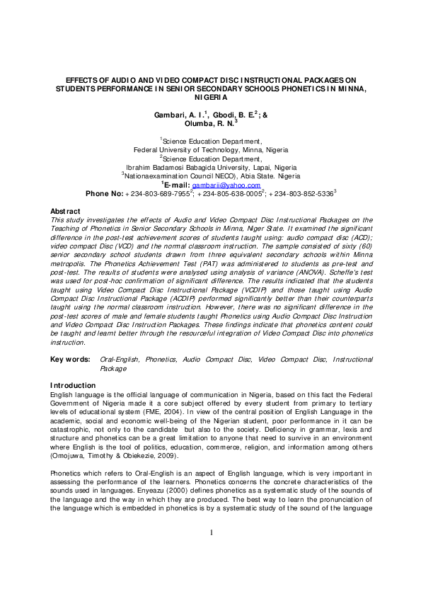 (PDF) Effects of Audio and Video Compact Disc Instructional Packages on ...