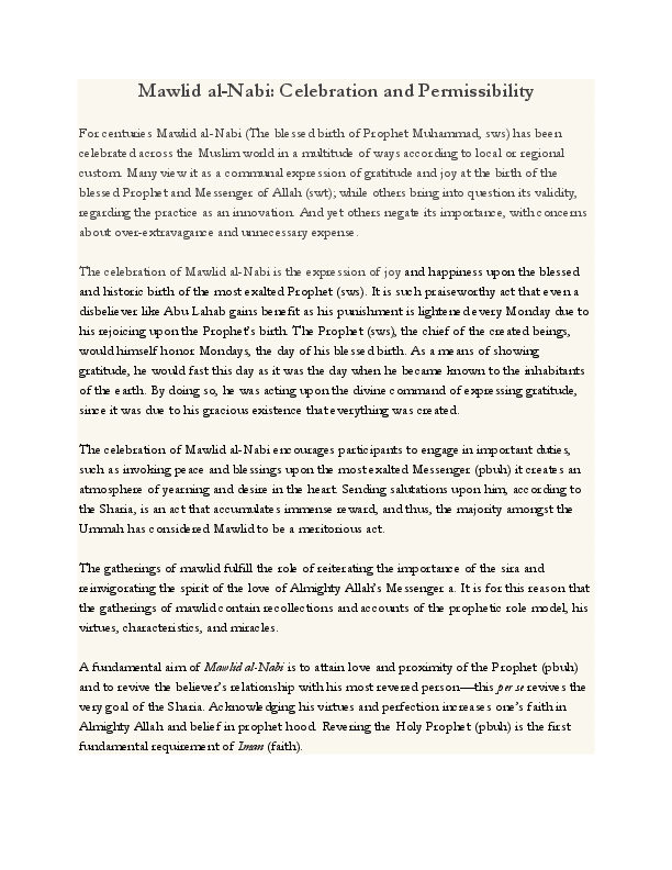 Pdf Mawlid Al Nabi Celebration And Permissibility Shahid Mursaleen Academia Edu