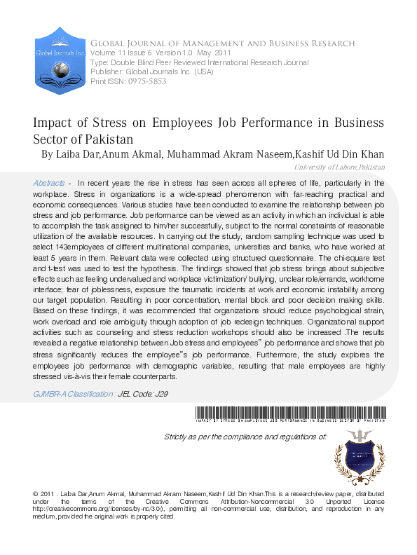 (PDF) Impact of Stress on Employees Job Performance in Business Sector ...