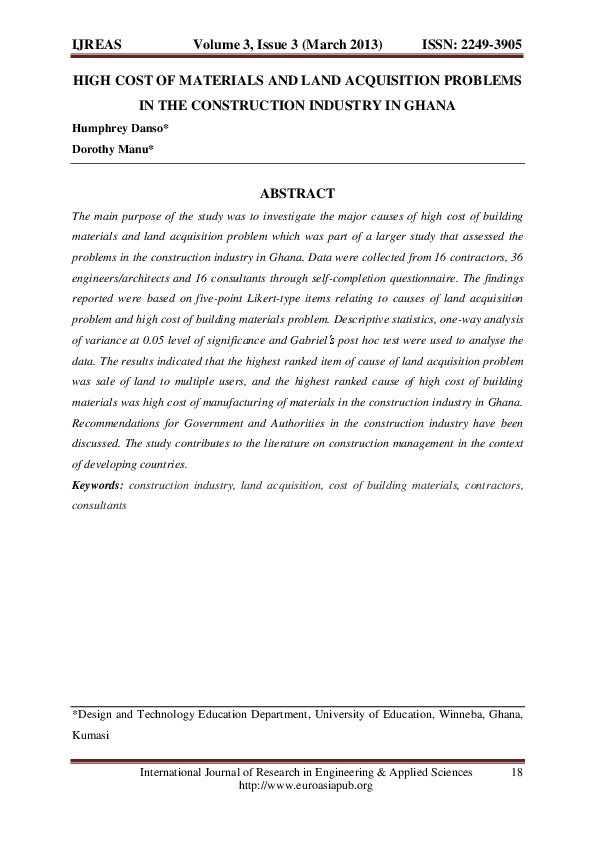 (PDF) HIGH COST OF MATERIALS AND LAND ACQUISITION PROBLEMS IN THE ...