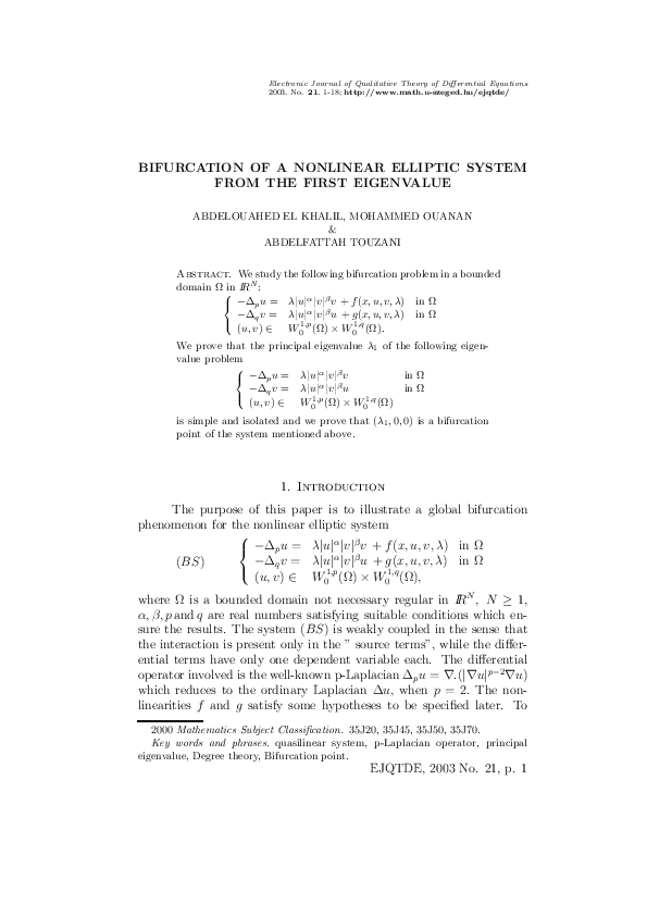 (PDF) BIFURCATION OF A NONLINEAR ELLIPTIC SYSTEM FROM THE FIRST EIGENVALUE