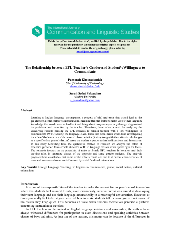 (PDF) The Relationship between EFL Teacher's Gender and Student's ...