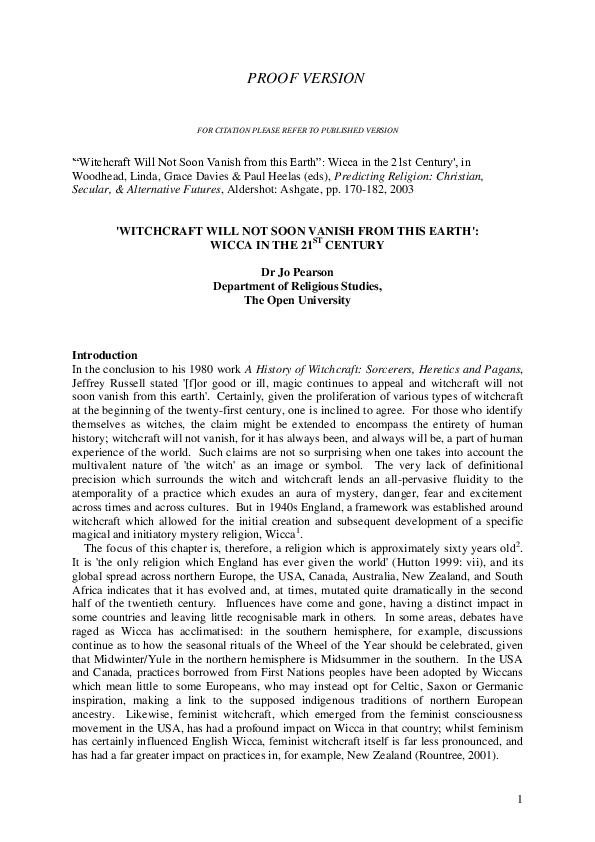 Doc Witchcraft Will Not Soon Vanish From This Earth Wicca In The 21st Century Jo Pearson Academia Edu