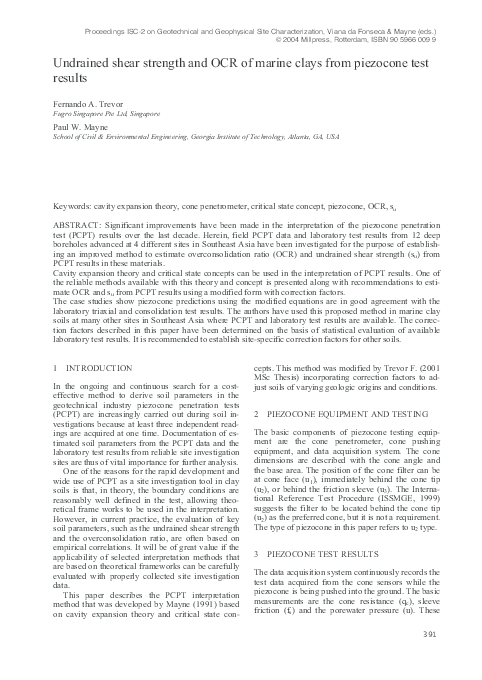 (PDF) ISC2- Undrained Shear Strength and OCR of Marine Clays from ...