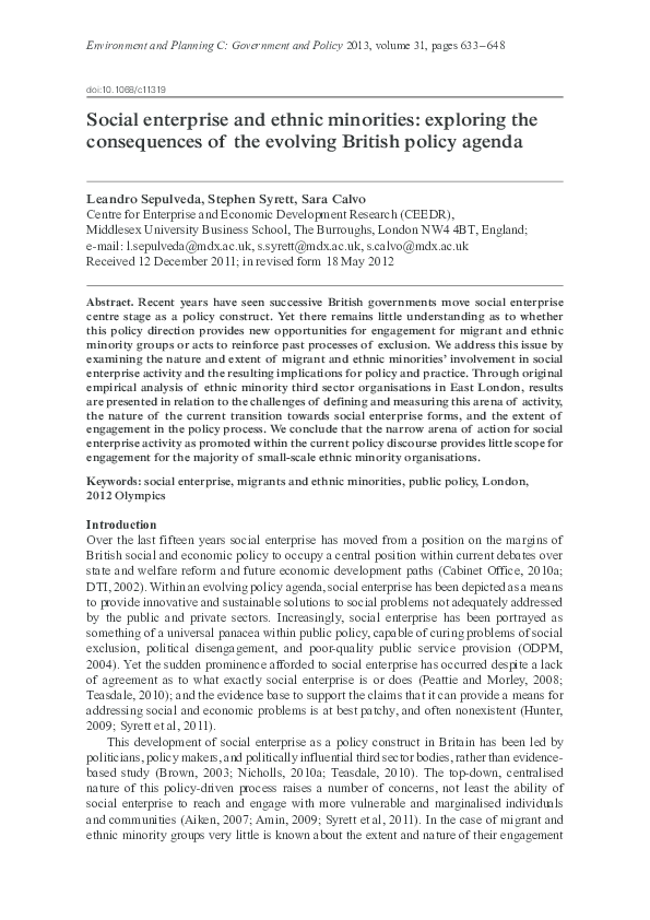 (PDF) Social enterprise and ethnic minorities: exploring the ...