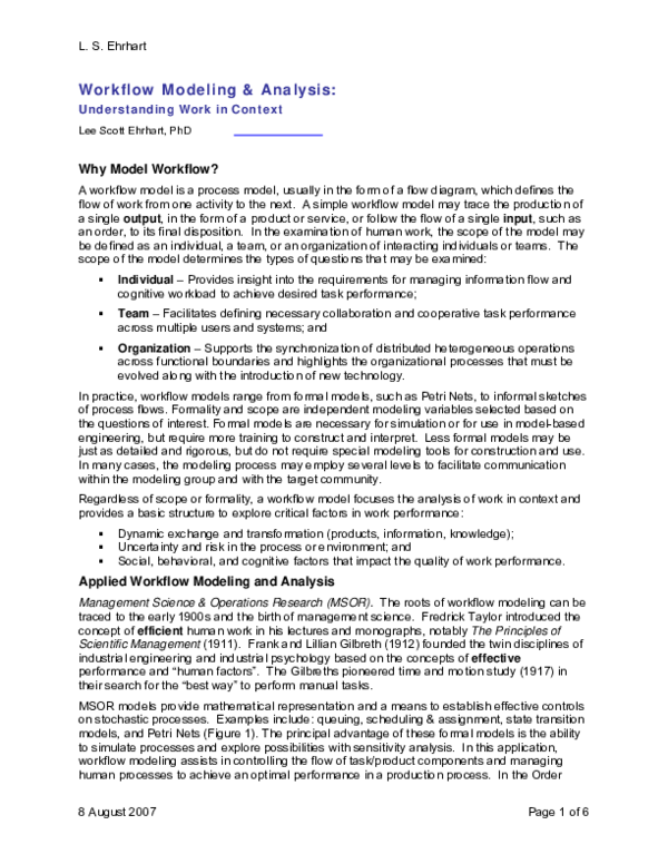 (PDF) Workflow Modeling and Analysis: Understanding Work in Context