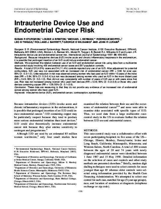(PDF) Intrauterine Device Use and Endometrial Cancer Risk