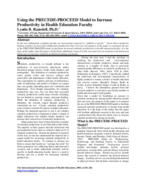 (PDF) Using the PRECEDE-PROCEED Model to Increase Productivity in ...