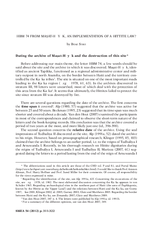 (PDF) Stavi 2012, HBM 74 from Masat-Hoyuk, an implementation of a ...
