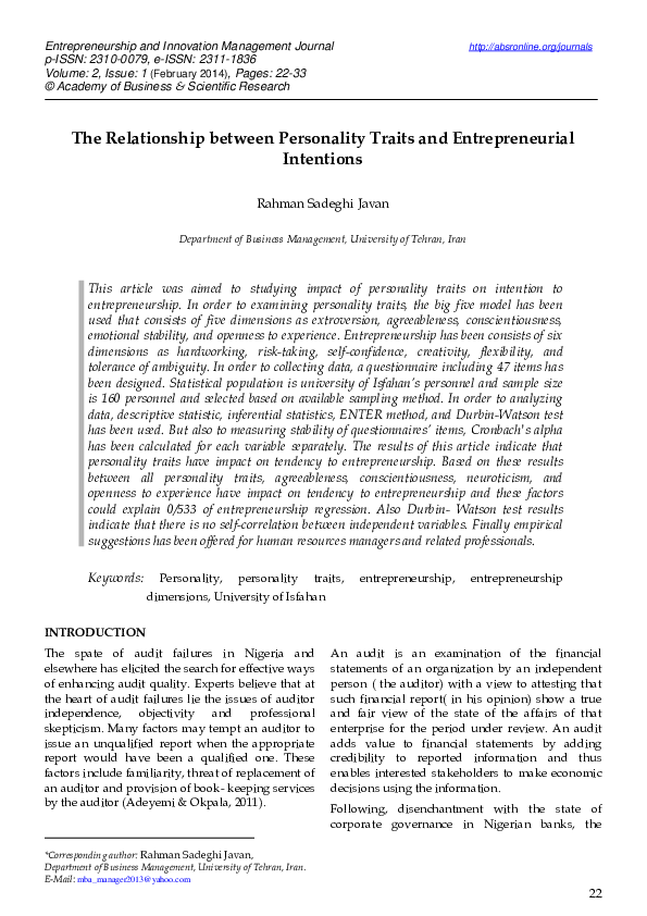 (PDF) The Relationship between Personality Traits and Entrepreneurial ...