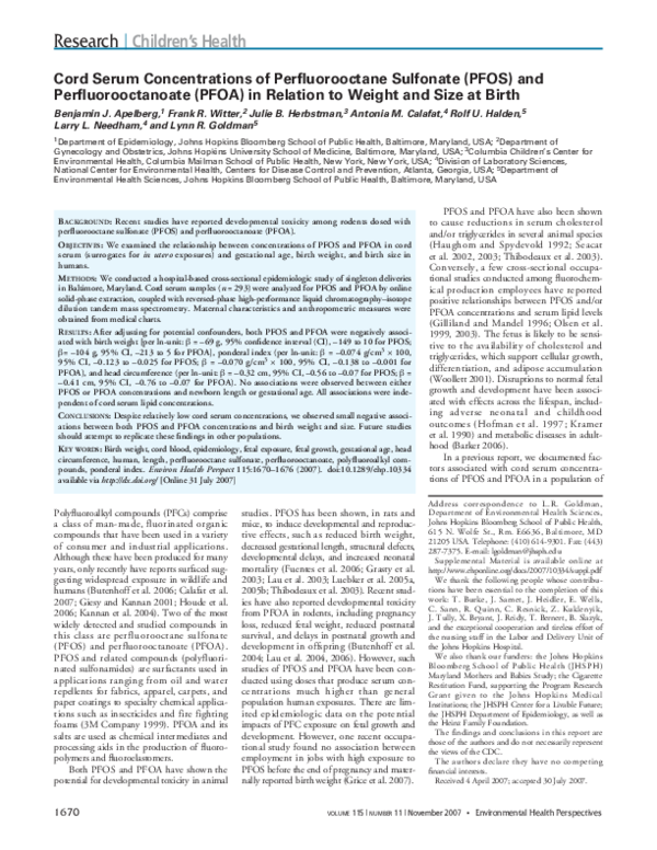 (PDF) Cord Serum Concentrations of Perfluorooctane Sulfonate (PFOS) and ...