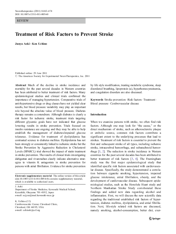 (PDF) Treatment of Risk Factors to Prevent Stroke