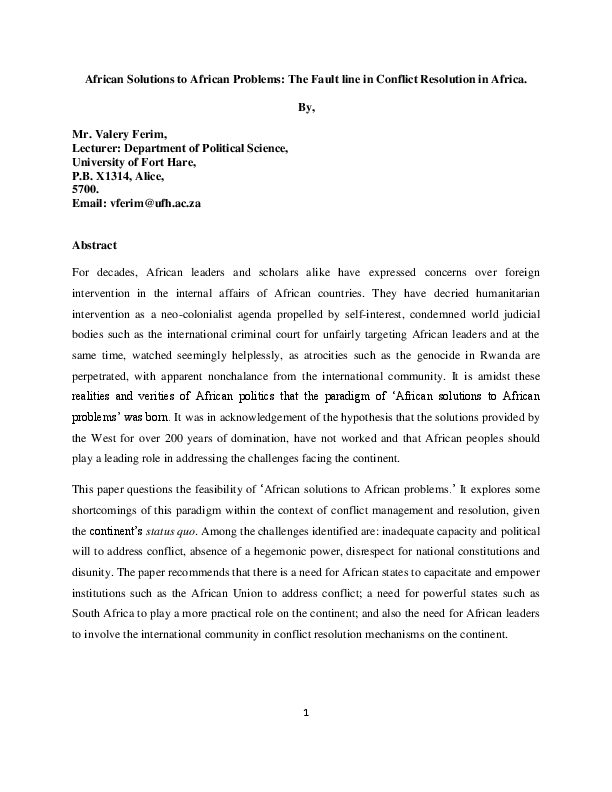 (PDF) African Solutions to African Problems The Fault line in Conflict