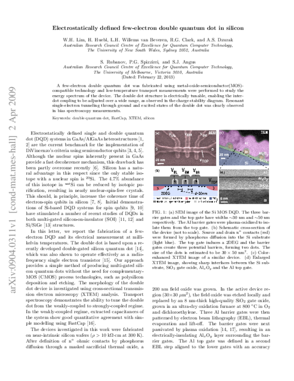 (PDF) Electrostatically defined few-electron double quantum dot in silicon