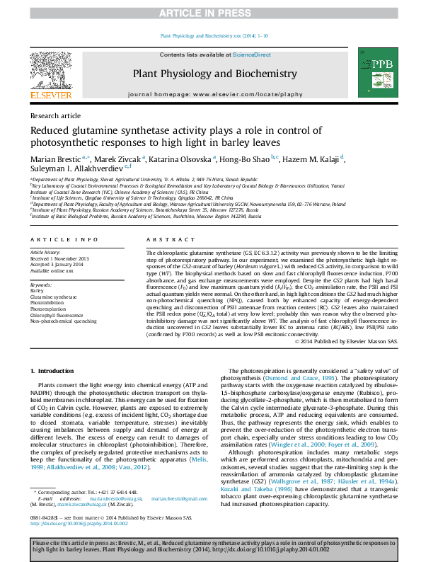 (PDF) Reduced glutamine synthetase activity plays a role in control of ...