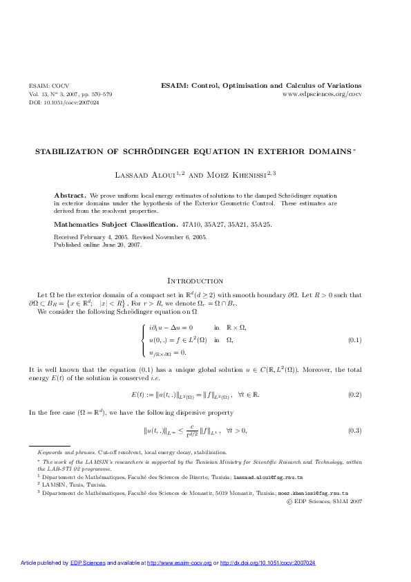 (PDF) Stabilization of Schrodinger equation in exterior domains