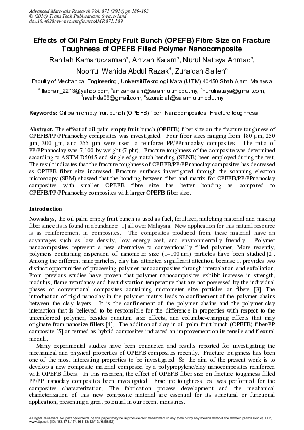 (PDF) Effects of Oil Palm Empty Fruit Bunch (OPEFB) Fibre Size on ...