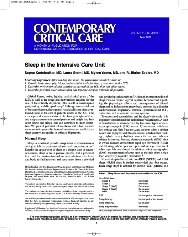 (PDF) Sleep in the Intensive Care Unit