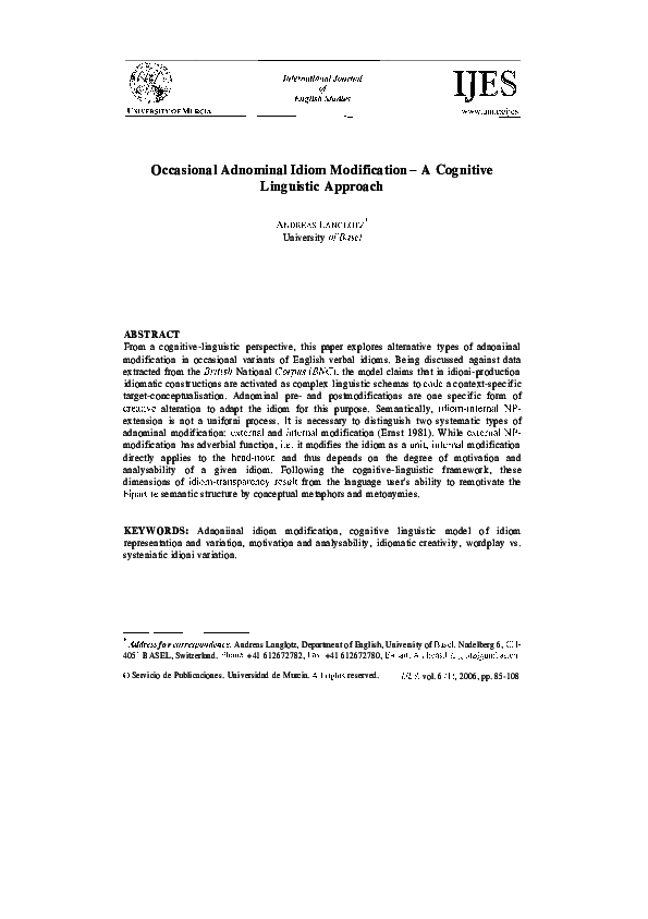 (PDF) Occasional Adnominal Idiom Modification - A Cognitive Linguistic ...
