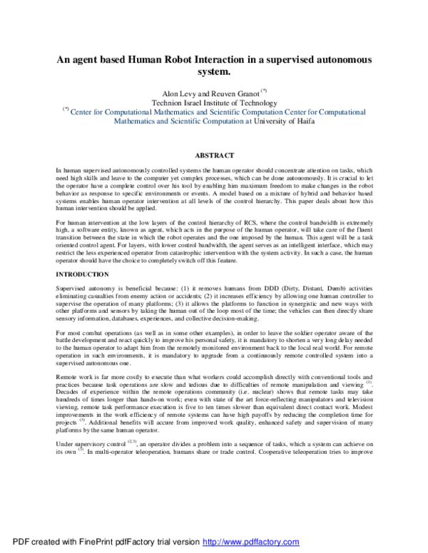 (PDF) Agent-based human robot interaction in a supervised autonomous system