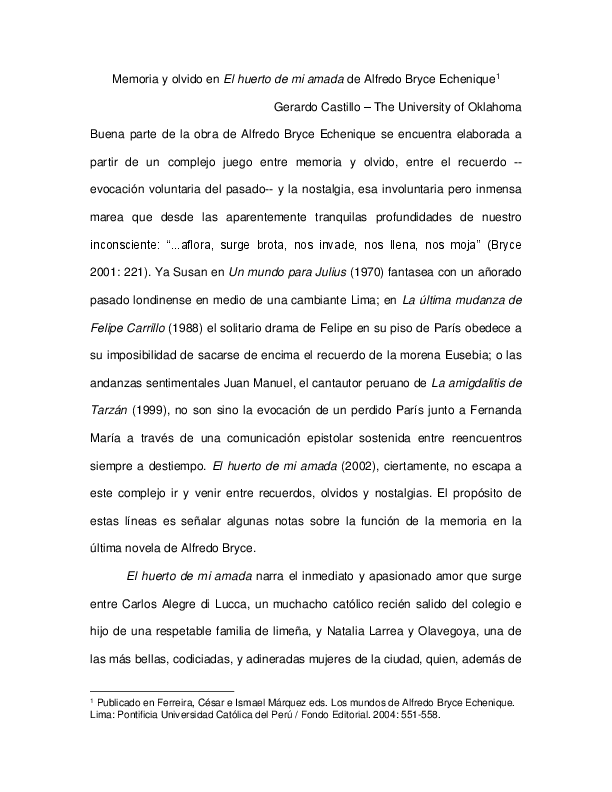 (PDF) Memoria y olvido en El huerto de mi amada de Alfredo Bryce