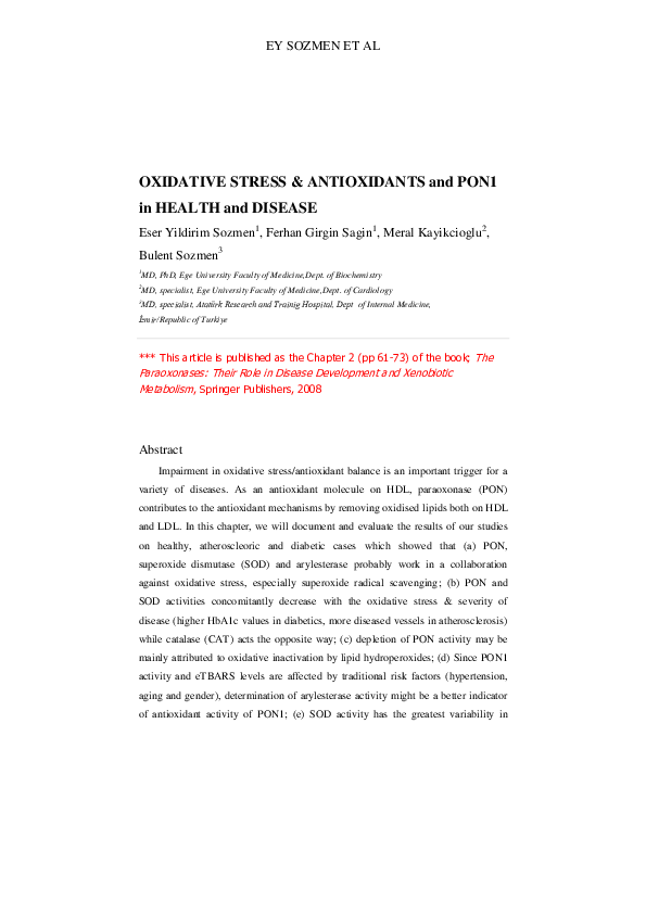 (PDF) Oxidative Stress & Antioxidants and PON1 in Health and Disease