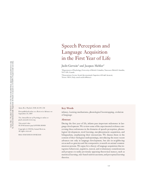 (PDF) Speech Perception and Language Acquisition in the First Year of Life