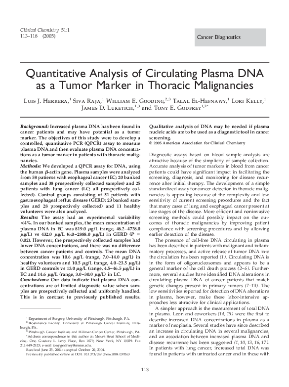 (PDF) Quantitative Analysis of Circulating Plasma DNA as a Tumor Marker ...