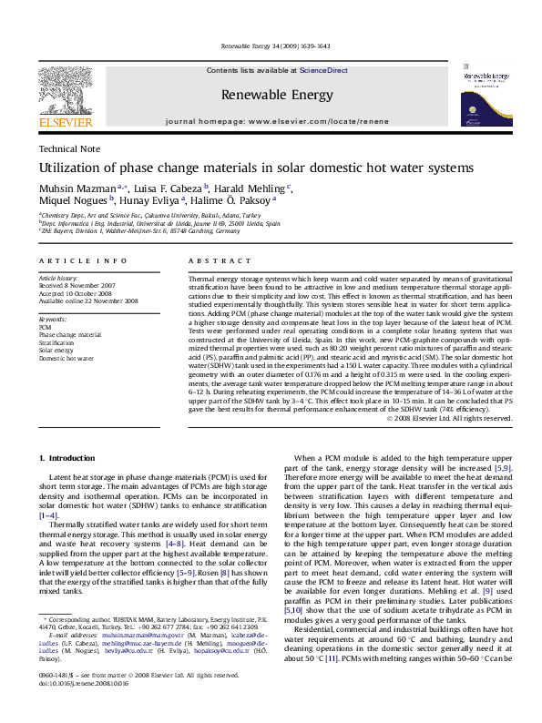 (PDF) Utilization of phase change materials in solar domestic hot water ...