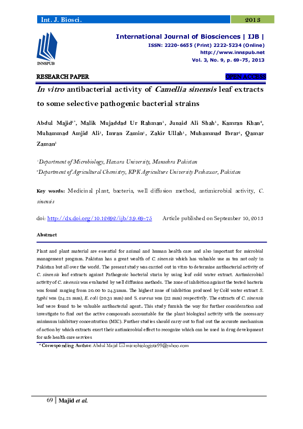 (PDF) In vitro antibacterial activity of Camellia sinensis leaf extracts