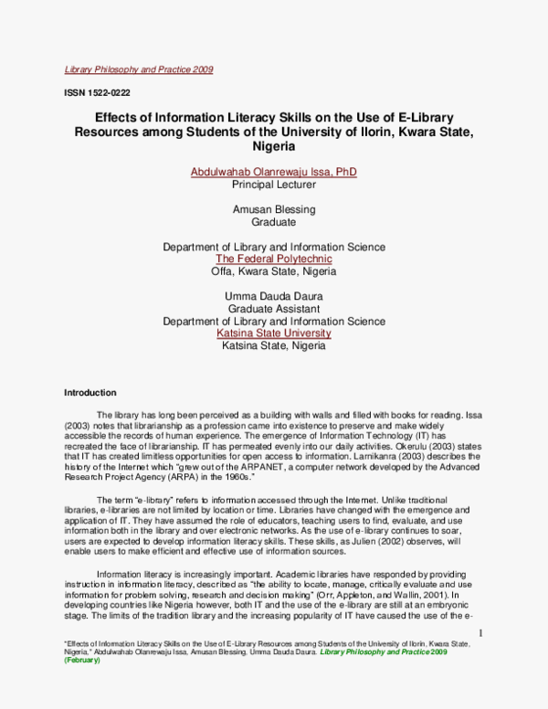 (PDF) Effects of Information Literacy Skills on the Use of E-Library ...