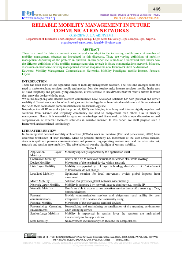 (PDF) RELIABLE MOBILITY MANAGEMENT IN FUTURE COMMUNICATION NETWORKS