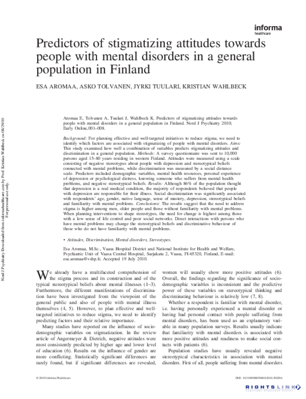 (PDF) Predictors of stigmatizing attitudes towards people with mental ...