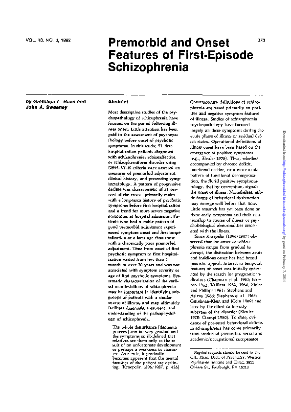 (PDF) Premorbid and Onset Features of First-Episode Schizophrenia