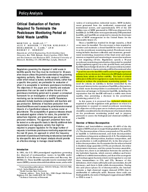 PDF) Policy Analysis Critical Evaluation of Factors Required To Terminate the Postclosure Monitoring Period at Solid Waste Landfills | wang bao - Academia.edu pdf-policy-analysis-critical-evaluation-of-factors-required-to-terminate-the-postclosure-monitoring-period-at-solid-waste-landfills-wang-bao-academia-edu