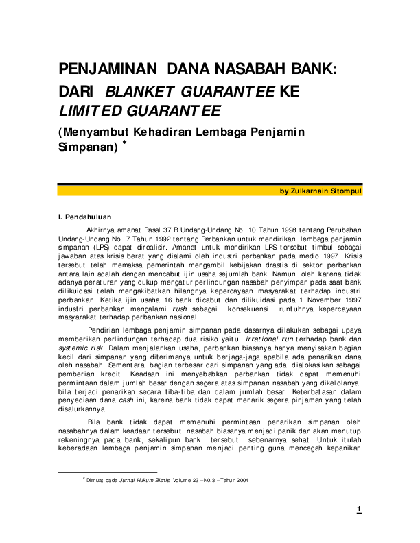(PDF) PENJAMINAN DANA NASABAH BANK DARI BLANKET GUARANTEE KE LIMITED