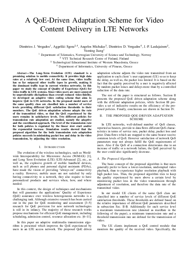(PDF) A QoE-Driven Adaptation Scheme for Video Content Delivery in LTE ...