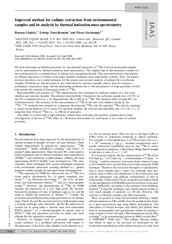 Improved method for radium extraction from environmental samples and ...