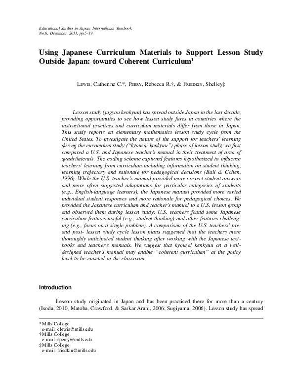 (PDF) Using Japanese Curriculum Materials to Support Lesson Study ...