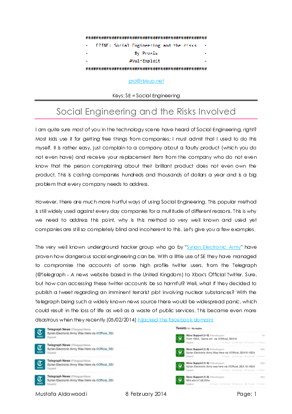 First page of “Social Engineering and the Risks Involved”