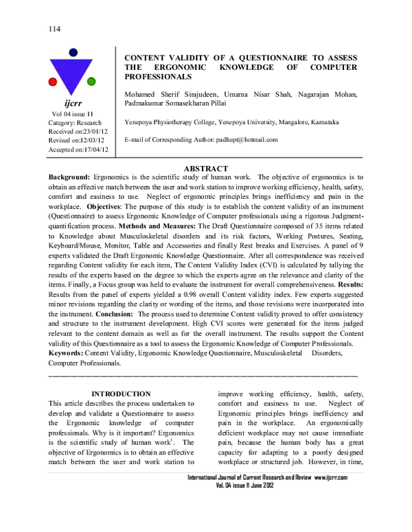 (PDF) CONTENT VALIDITY OF A QUESTIONNAIRE TO ASSESS THE ERGONOMIC ...