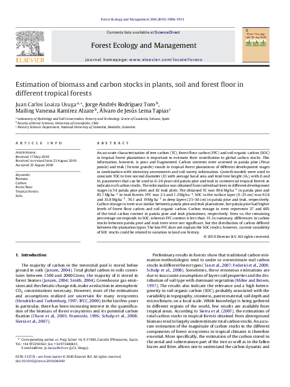 (PDF) Estimation of biomass and carbon stocks in plants, soil and ...